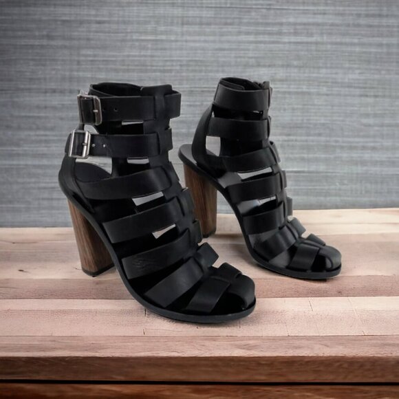 Vince Sandals Caged Strappy Nicolette Womens 8M 38 Black Leather Block High Heel - Picture 2 of 16